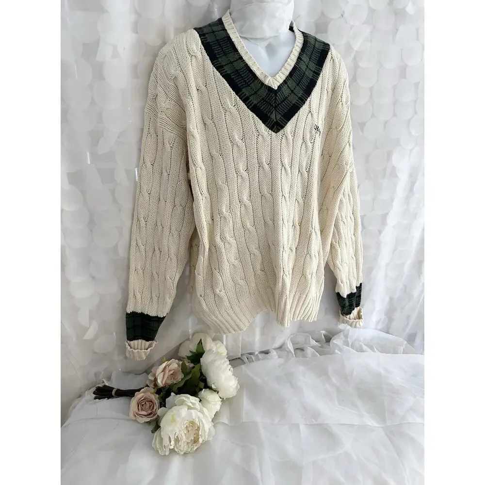 VTG Ralph Lauren CHAPS Large HANDFRAME Cream V Neck Cable Knit Sweater Preppy